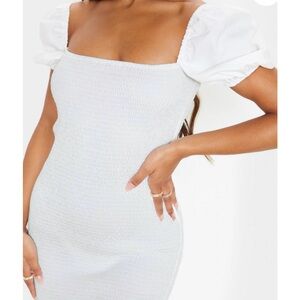 White Puff sleeve square neck Shirred bodycon dress